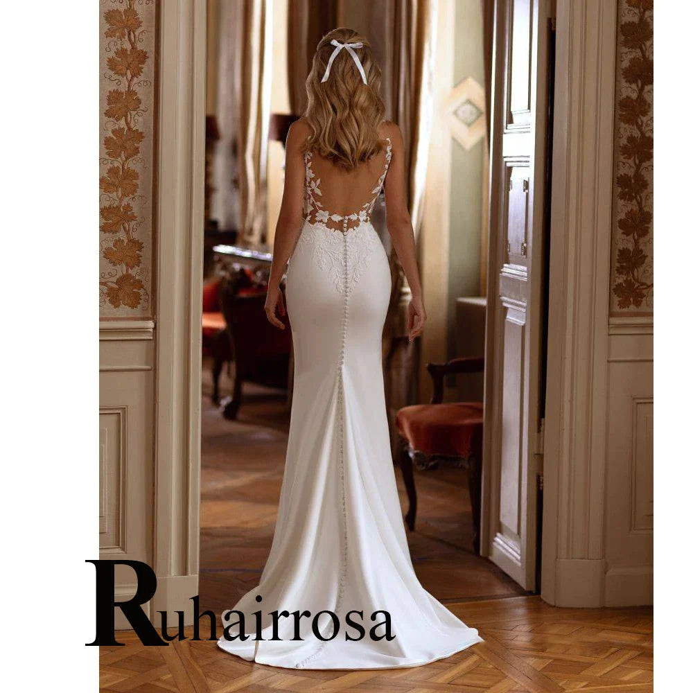 Seksowne sukienki ślubne syreny bez pleców dla kobiet Aplikacje koronkowe zbiornik w szpic Satyna Satyna wykonana na zamówienie vestidos de novia