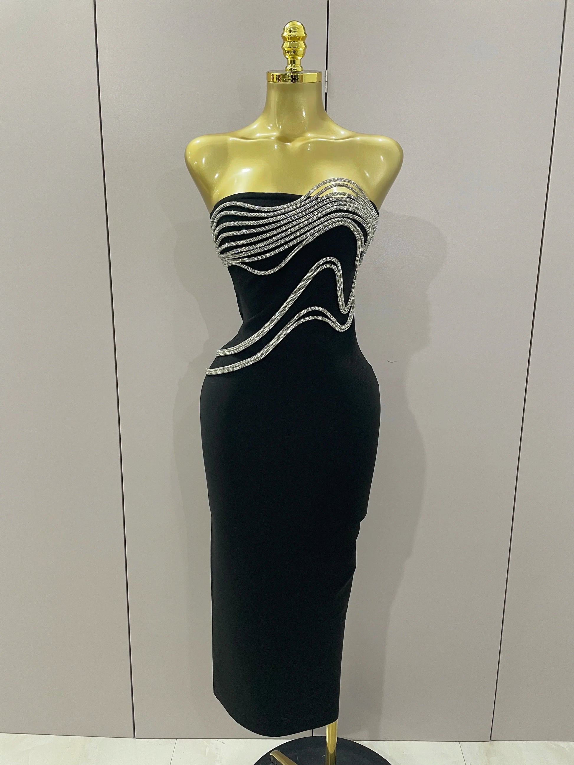 Sexy Strapless Diamond Lines Bodycon Bandage Long Dress Women Celebrity Red Carpet Elegant Evening Birthday Party Dresses black