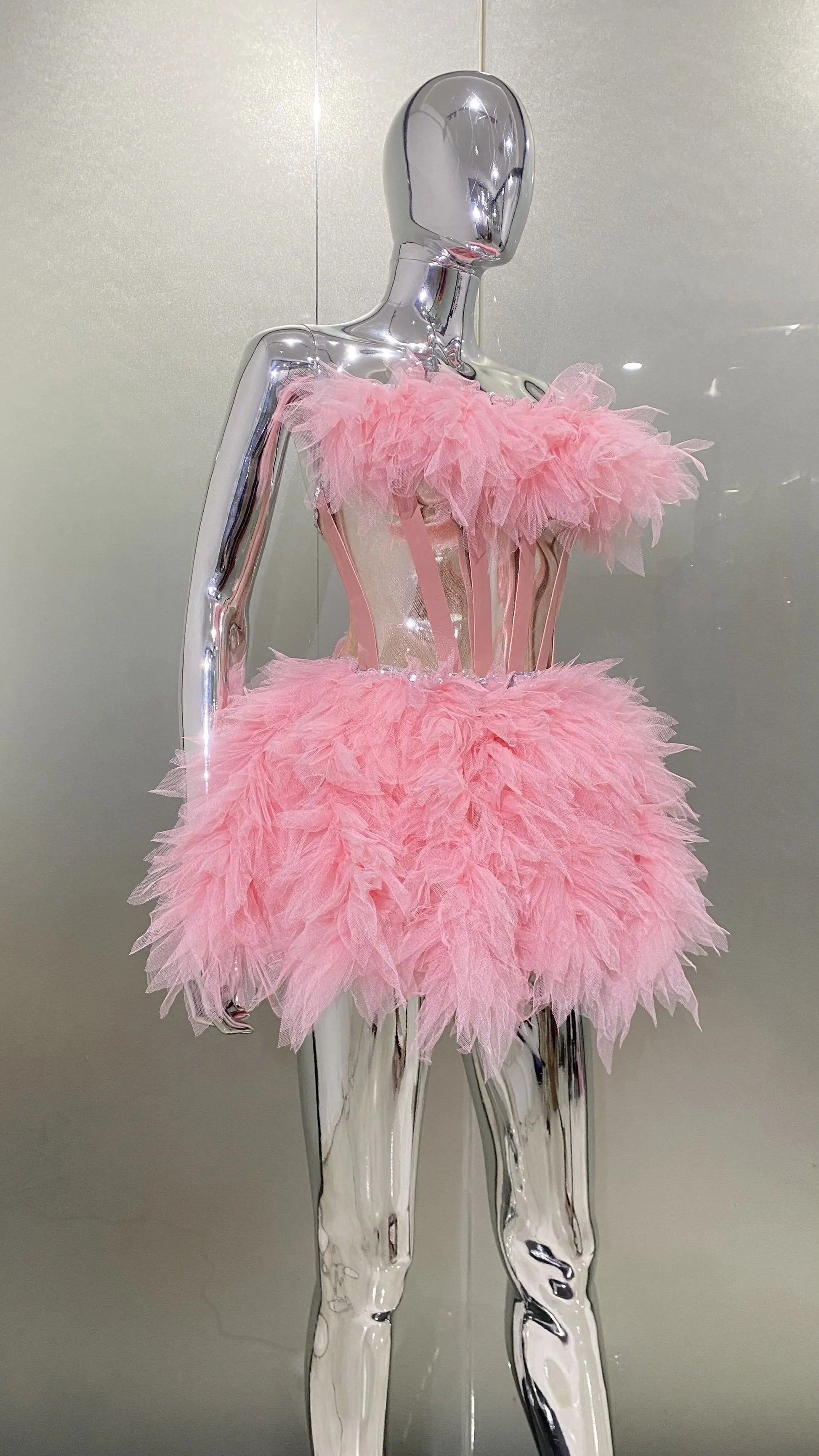 Pink Sweet Woman Set Sparkling Crystal Strapless Top And Mini Puffy Skirt 2 Pieces Birthday Party Vestido Performance Costume