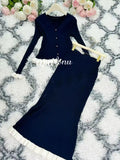 Knitted Long Skirt Set Long sleeved Wooden Ear Edge Single breasted Cardigan Knitted Coat+High Waist Skirt Two piece Set Navy Blue