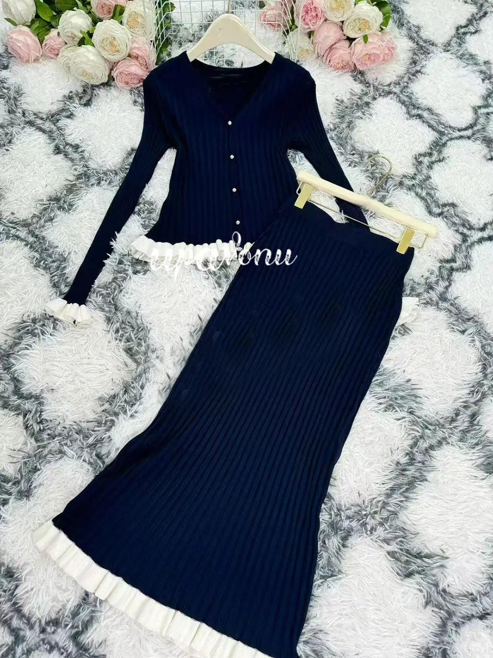 Knitted Long Skirt Set Long sleeved Wooden Ear Edge Single breasted Cardigan Knitted Coat+High Waist Skirt Two piece Set Navy Blue