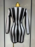 WomenLuxury Sexy Long Sleeve Stripe Black White Mini Bandage Dress Knitted Celebrity Elegant Evening Club Birthday Dresses