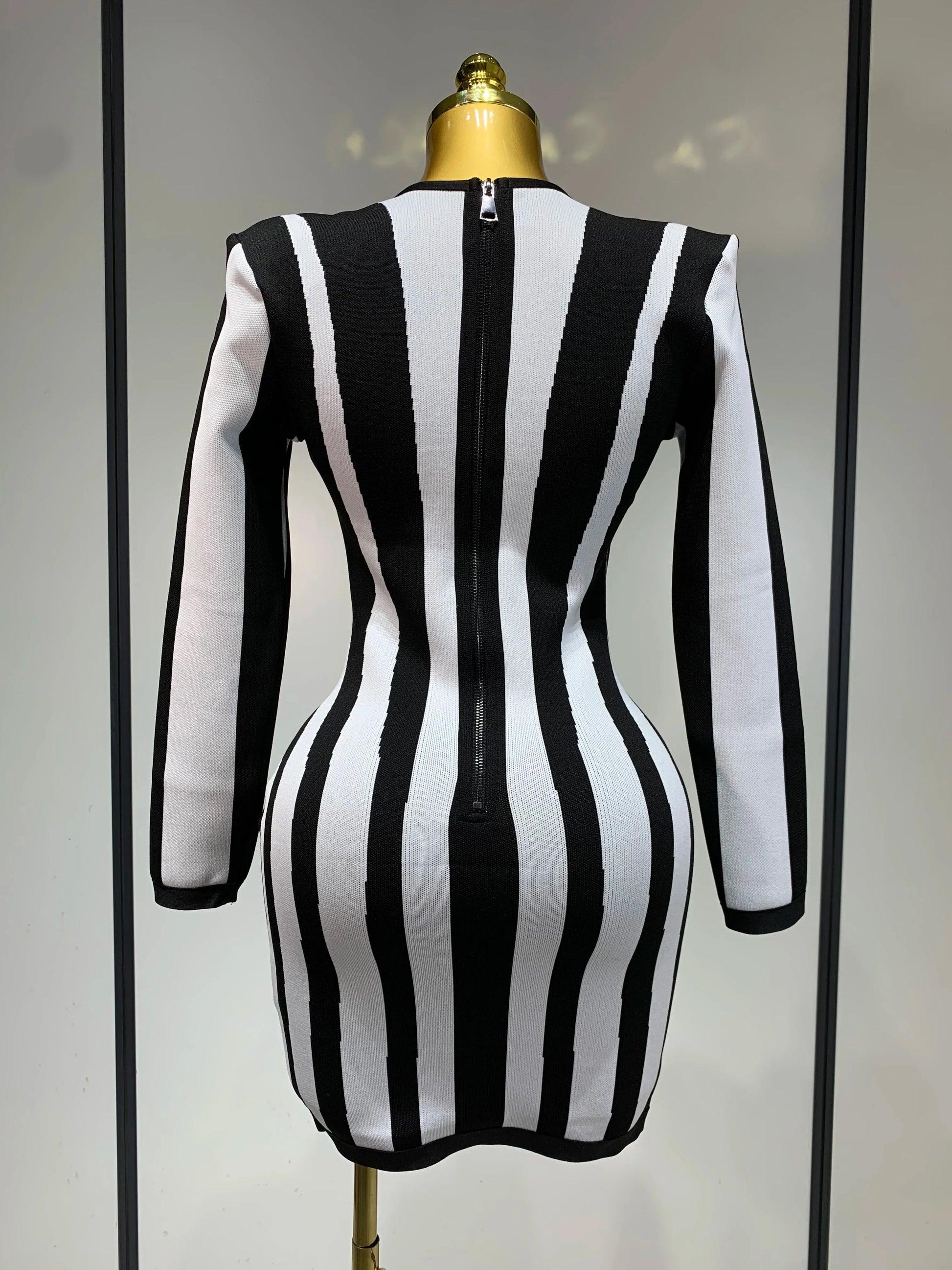 WomenLuxury Sexy Long Sleeve Stripe Black White Mini Bandage Dress Knitted Celebrity Elegant Evening Club Birthday Dresses