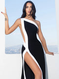 Unique Black White One-Shoulder High Slit Cut-Out Design Dress for Fashion Events Evening Gown
