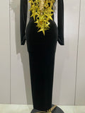 Shiny Gold Star Rhinestone Velvet Long Dress Women Evening Birthday Party Club Gala Hosts NightClub Bar Stage Costumes