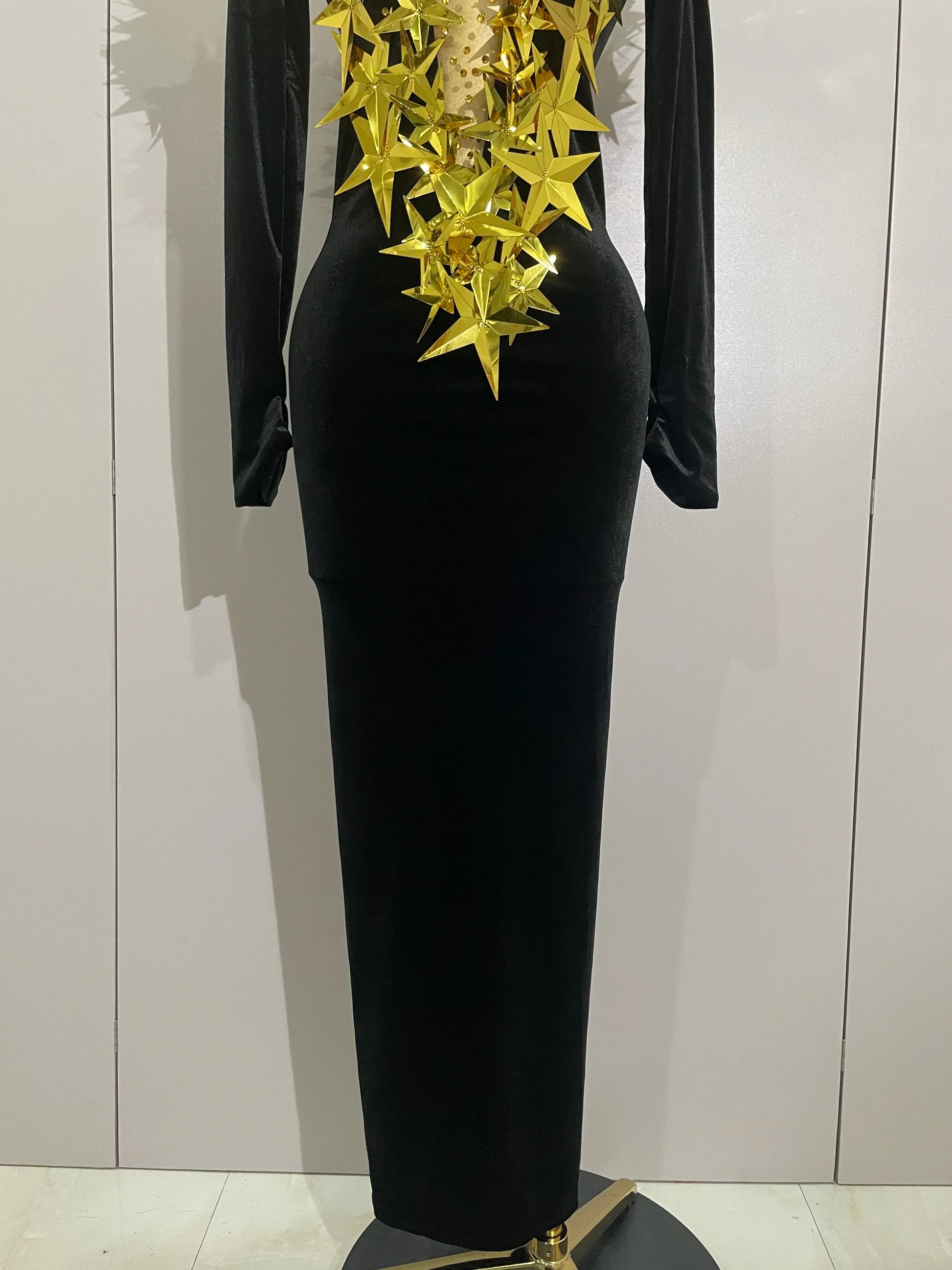 Shiny Gold Star Rhinestone Velvet Long Dress Women Evening Birthday Party Club Gala Hosts NightClub Bar Stage Costumes
