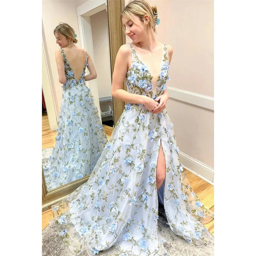 3D Flowers Lace Appliques Prom Dresses V-neck A-line vestidos de noche Elegant Sleeveless Side Split Formal Evening