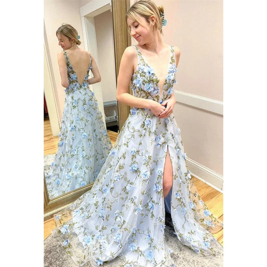 3D Flowers Lace Appliques Prom Dresses V-neck A-line vestidos de noche Elegant Sleeveless Side Split Formal Evening