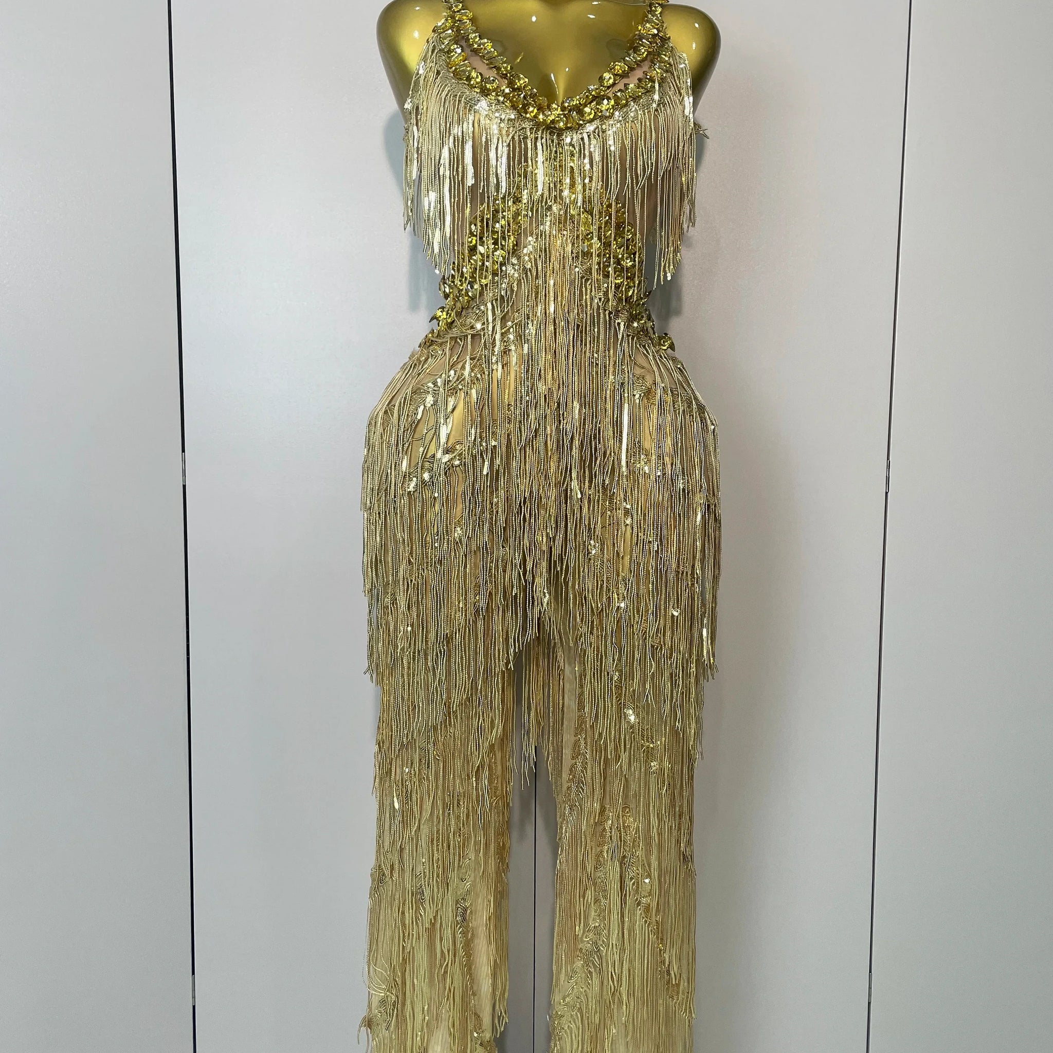 Shiny Gold Rhinestones Sequined Fringe Wide-leg jumpsuit Women Sexy Night Party Club Outfit Singer Stage Perform Costume Gold