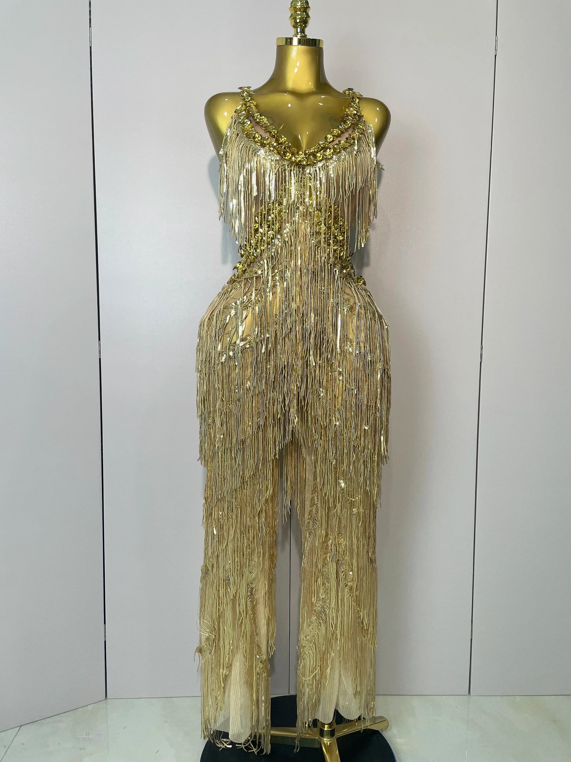 Shiny Gold Rhinestones Sequined Fringe Wide-leg jumpsuit Women Sexy Night Party Club Outfit Singer Stage Perform Costume Gold