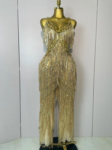 Shiny Gold Rhinestones Sequined Fringe Wide-leg jumpsuit Women Sexy Night Party Club Outfit Singer Stage Perform Costume Gold