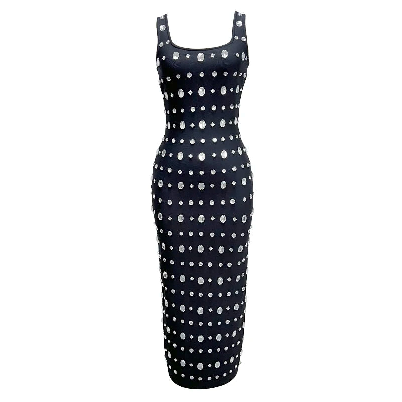 Women'S Black Sexy Sleeveless Square Neck Luxurious Crystal Bandage Maxi Long Dress Elegant Party Cocktail Evening Dress black