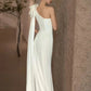 Robe de luxe en Satin blanc, asymétrique épaule dénudée, tenue de mariage élégante, longue, pour bal de promo, soirée d'invités, robe d'été pour femmes