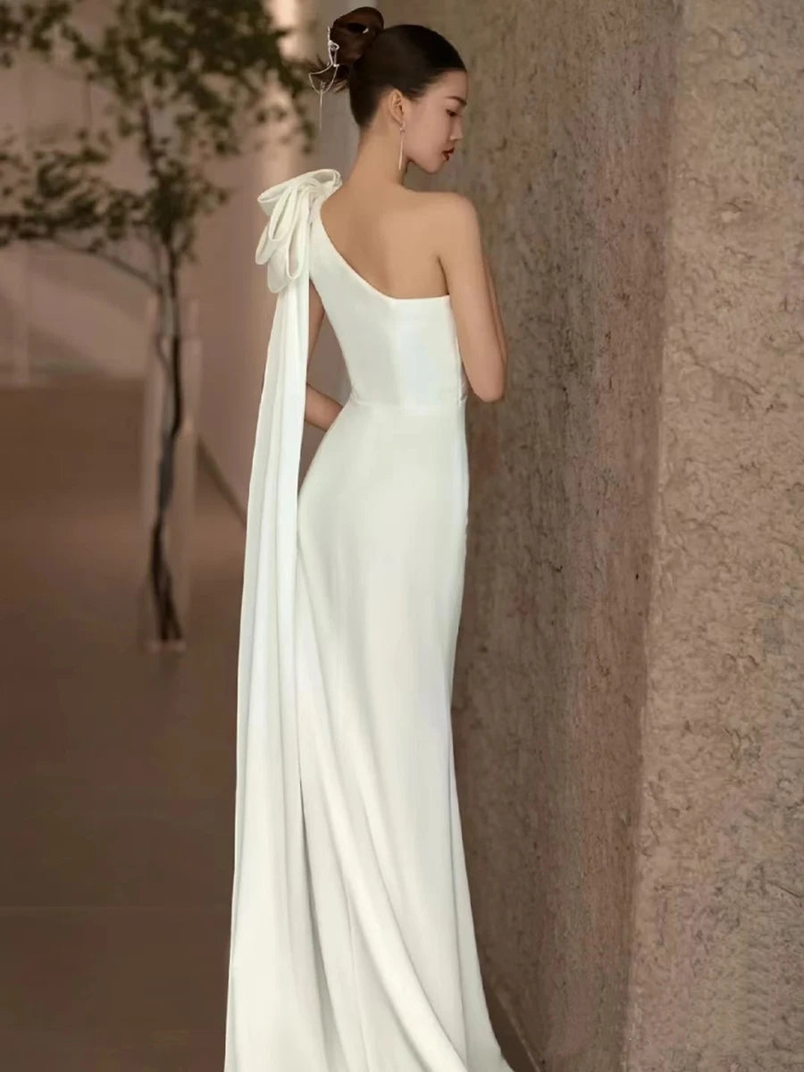 Luxury White Satin One Shoulder Wedding Trailing Dresses for Bride Elegant Long Prom Evening Guest Party Women Summer Dress