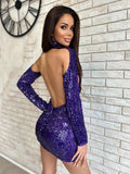 Backless Sexy Dress For Women Evening Party Gown Purple Sequins Sparkle Long Sleeves Slim Mini Dress