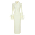Light Yellow Maxi Dress Women Elegant Bodycon Bandage Long Sleeve Feather Design Party Dress Vestidos Light yellow
