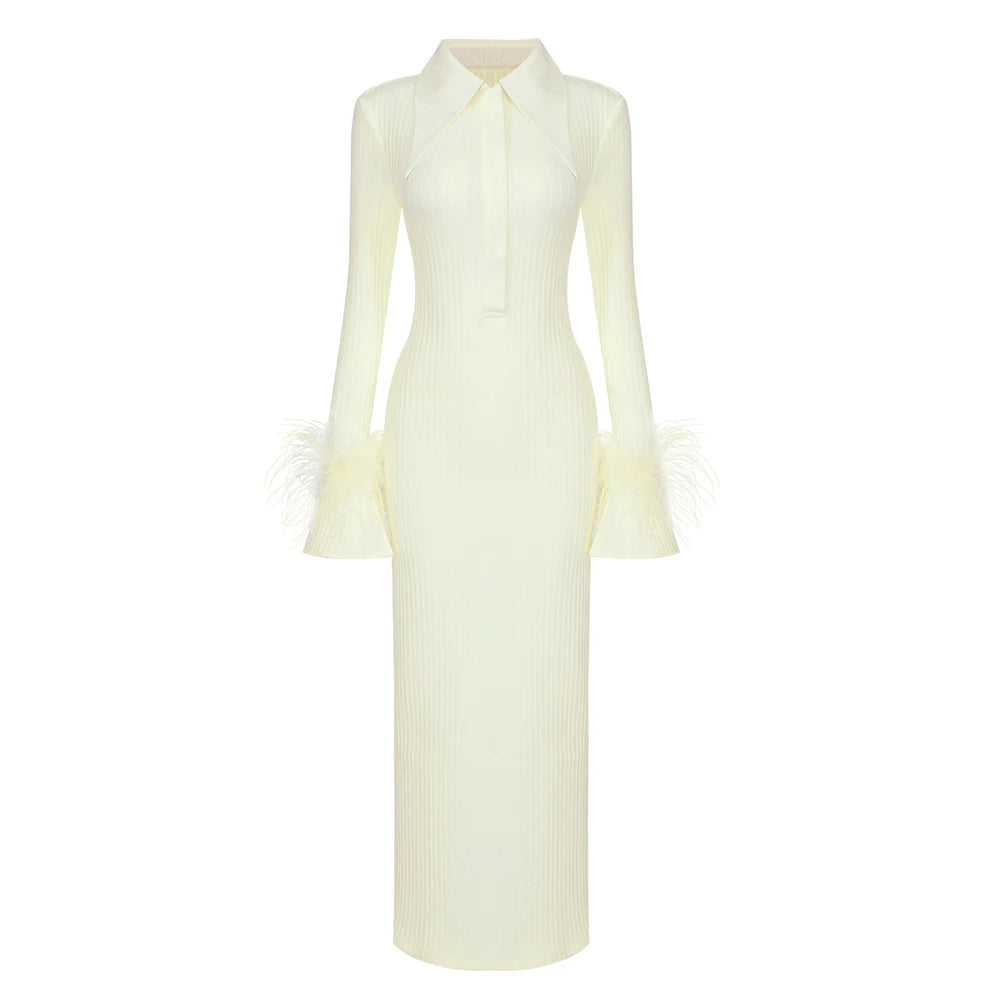 Light Yellow Maxi Dress Women Elegant Bodycon Bandage Long Sleeve Feather Design Party Dress Vestidos Light yellow