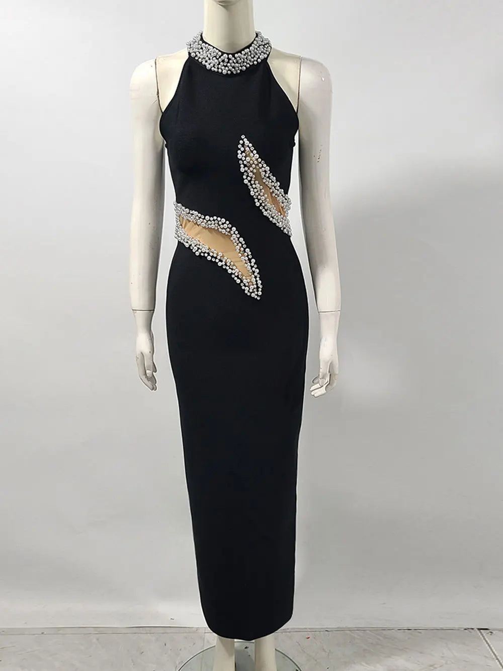 Elegant Women's Light Luxury Nail Bead Patchwork Design Bandage Dress O-Neck Sleeveless Bodycon Long Dresses Party Vestidos black