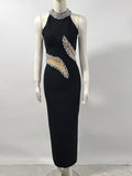 Elegant Women's Light Luxury Nail Bead Patchwork Design Bandage Dress O-Neck Sleeveless Bodycon Long Dresses Party Vestidos