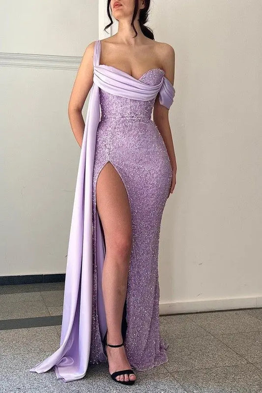 Lilac Evening Dresses Sequined Sparkly One Shoulder Sweetheart Mermaid Long Formal Party Evening Gowns Custom made