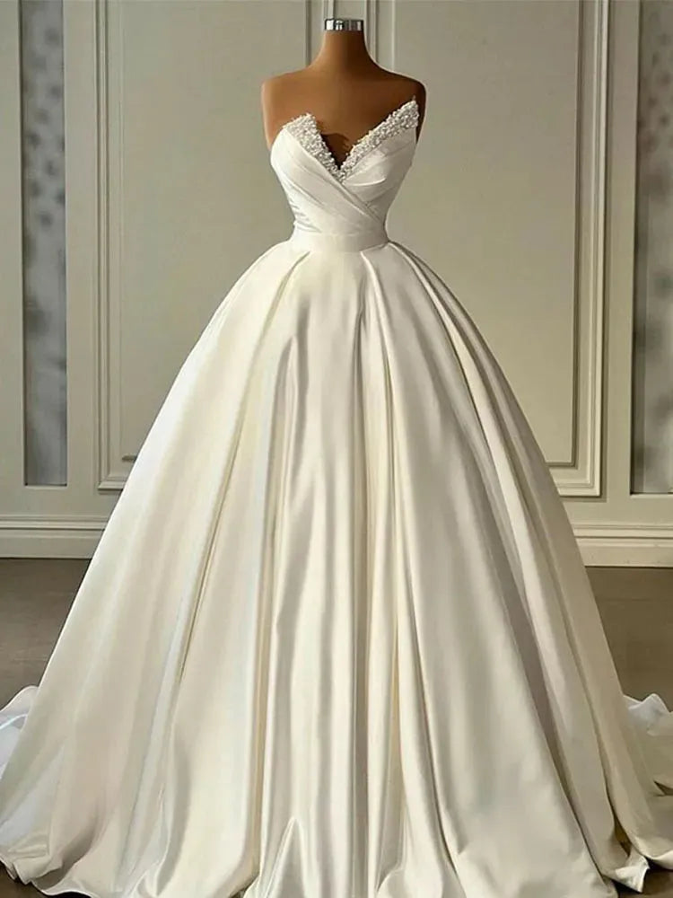 Pearls Wedding Dresses Sexy Strapless A Line Bride Dress Vestidos de novia Soft Satin Wedding Gown Ivory 24w Satin