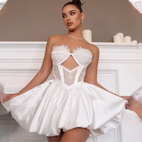 A-Line Mini Wedding Party Dresses Sweetheart Puff Skirt Brides Dress for Women Stain Lace Cocktail Gowns vestido de novia White