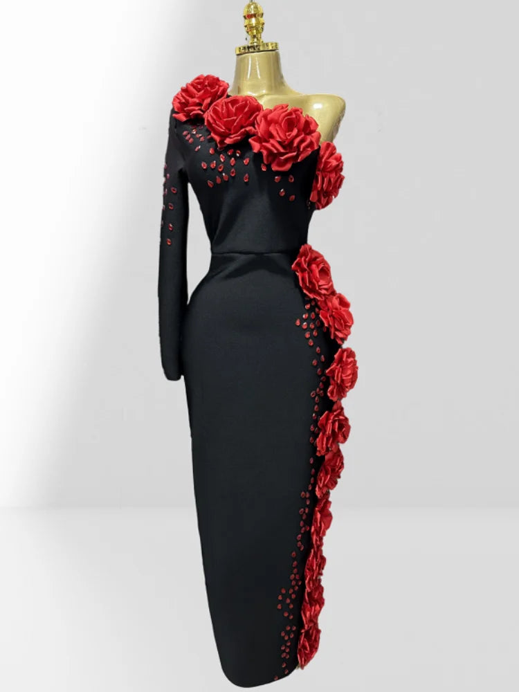 Red Flowers Shining Diamonds Sexy Oblique Shoulder Black Bandage Dress Woman Birthday Party Dress Wedding Party Outfit Red
