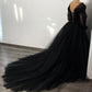 Black Evening Dresses Goethe Lace Applique Tulle Off Shoulder Puffy Full Sleeves A Line Long Chapel Train Party Prom Gowns