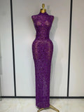 Sparkly Rhinestone Sleeveless Maxi Long Dress Sexy Mesh See Through Luxury Birthday Dress Evening Party Singer Stage Outfit PURPLE