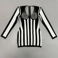 Sexy Women Light Luxury Stripe Dress Strapless Long Sleeve Bodycon Mini Dress Celebrity Cocktail Club Evening Party Vestido black