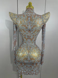 Sexy Singer Stage Drag Queen Costume Women Shiny Rhinestones Transparent Short Dress Birthday Celebrate Photoshoot Dress
