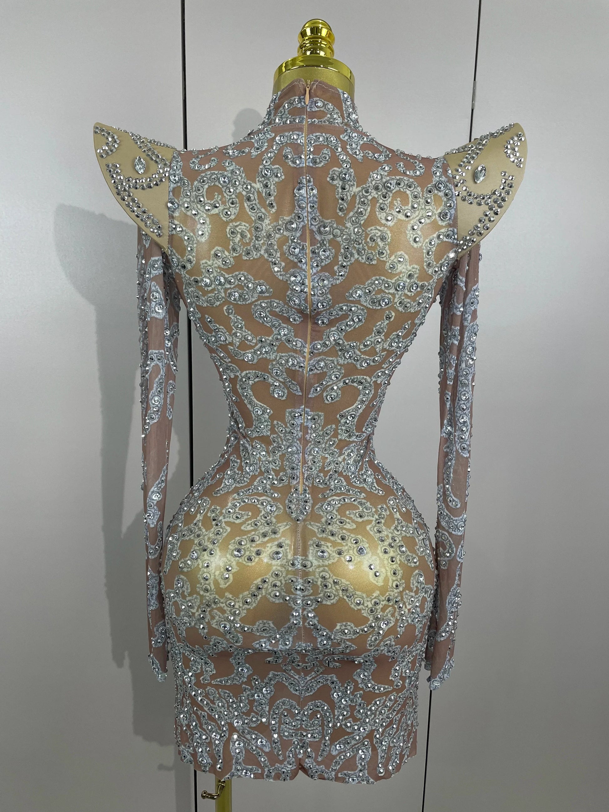 Sexy Singer Stage Drag Queen Costume Women Shiny Rhinestones Transparent Short Dress Birthday Celebrate Photoshoot Dress