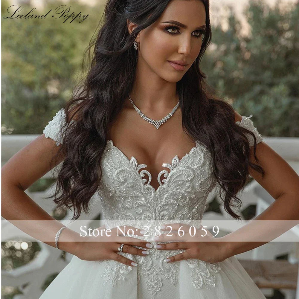 Poppy Luxury Boat Neck Mermaid Wedding Dresses Pearls Beaded Lace Appliques Bridal Gowns with Detachable Train