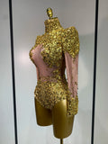 Sparkly Gold Rhinestone Sequin Stretch Bodysuits Women Luxury Birthday Party Nightclub Dancer Stage Performance Costume