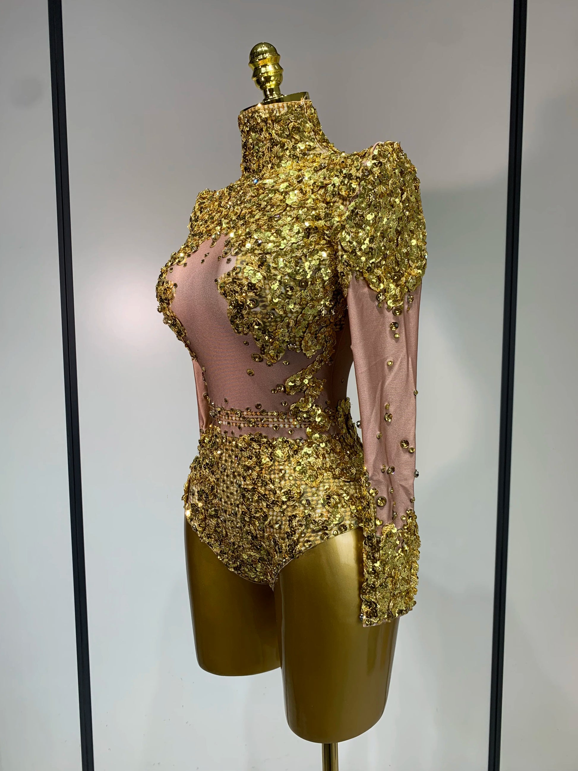 Sparkly Gold Rhinestone Sequin Stretch Bodysuits Women Luxury Birthday Party Nightclub Dancer Stage Performance Costume