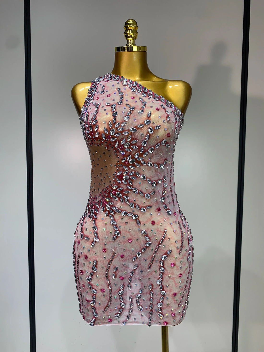 Women Sexy Mesh See Through Rhinestone Mini Dress Stage Dancer One Shoulder Stretch Night Club Party Birthday Dress Stage Outfit Pink