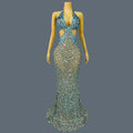 New Mermaid Blue Maxi Dress Shell Sequins Rhinestone Evening Gown for Women Luxury Ball Dress Deep V Neck Mesh Dress Beiduofen AS PHOTO