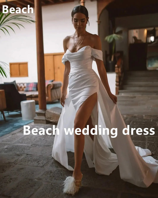 Elegan dari bahu V-leher Pleat Soft Satin Mermaid Gaun Perkahwinan Dengan Celah Bahagian Kereta Api yang Boleh Dilepaskan Custom Made