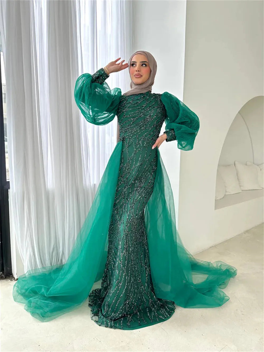 Muslim Mermaid Prom Dress Puff Sleeve Beaded فساتين مناسبة رسمية Elegant Plus Size Vestidos De Noche as pic