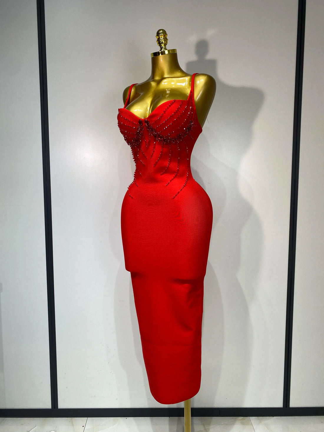 Women Sexy Backless Beading V Neck Bodycon Bandage Dress Club Party Celebrity Elegant Luxury Birthday Dresses Wedding Guest Gown Red