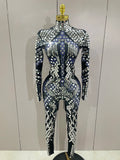 Sexy Shiny Silver Sequins Mirror Black Spandex Jumpsuit Women Prom Dancer Singer Costume Evening Birthday Show Stage Outfit Silver