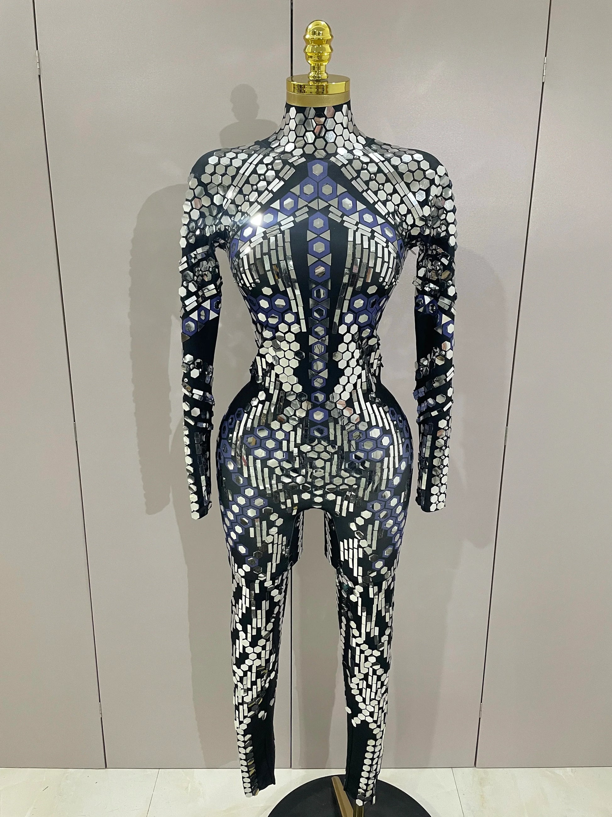 Sexy Shiny Silver Sequins Mirror Black Spandex Jumpsuit Women Prom Dancer Singer Costume Evening Birthday Show Stage Outfit Silver