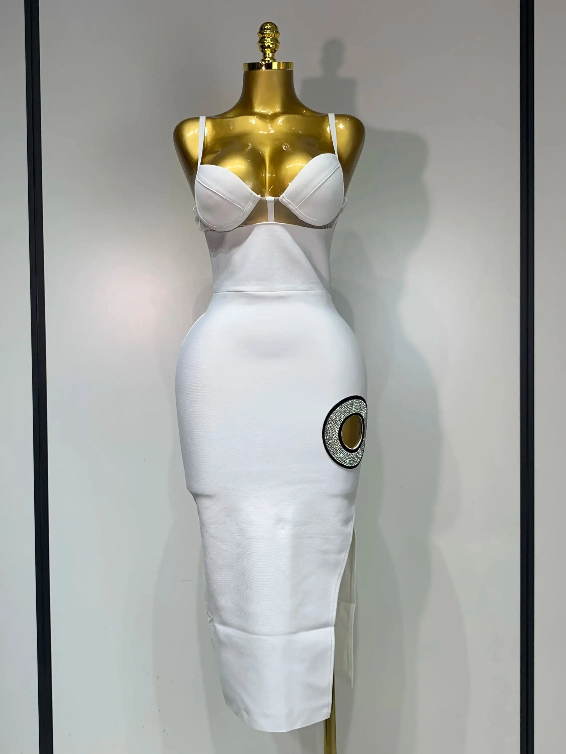 Fashion Sexy V Neck Backless Diamonds Split Women Bodycon Bandage Dress White Elegant Evening Club Party Birthday Dresses WHITE