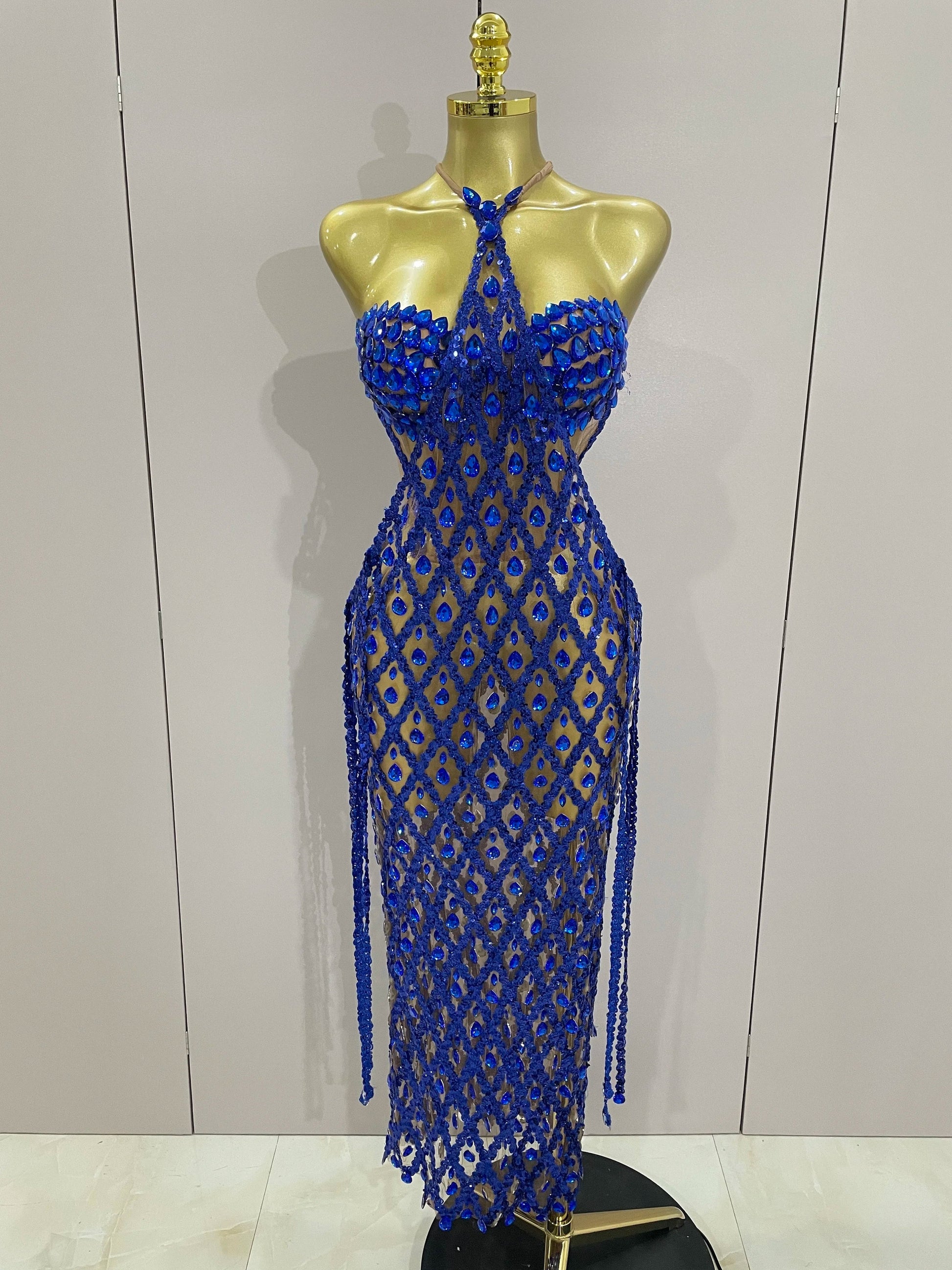 Sexy Sparkly Gold Rhinestones Sleeveless Mesh Two Piece Long Dress Women Birthday Party Celebrate Prom Stage Costume Blue