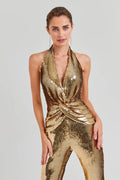Golden Sequins Stylish Flare Pants Halter Blackless Jumpsuit Woman Fashion Party Outfit Stage Performance Costume