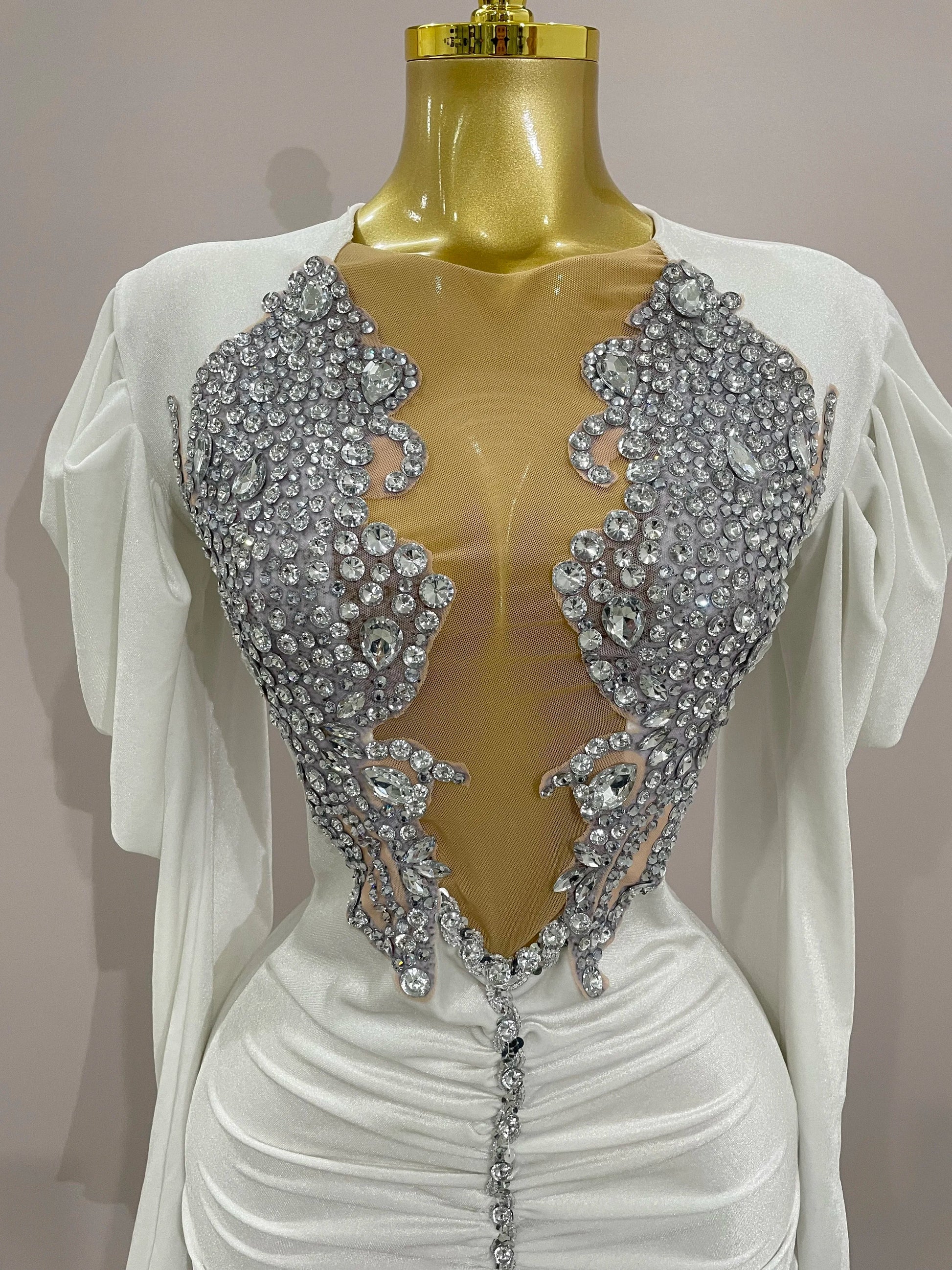 Luxury Sparkly Crystals Sexy Mesh White Velvet Short Dress Women