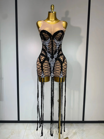 Luxury Birthday Sparkle Sequins Diamonds Long Tassel Sleeveless Mini Dress Women Red Carpet Goddess Stage Performance Costume black