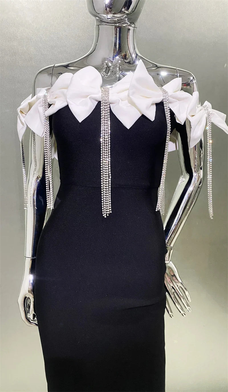 Sparkling Diamonds Tassel White Bows Sexy Off The Shoulder Ankle Lenght Bandage Dress Woman Birthday Party Vestido