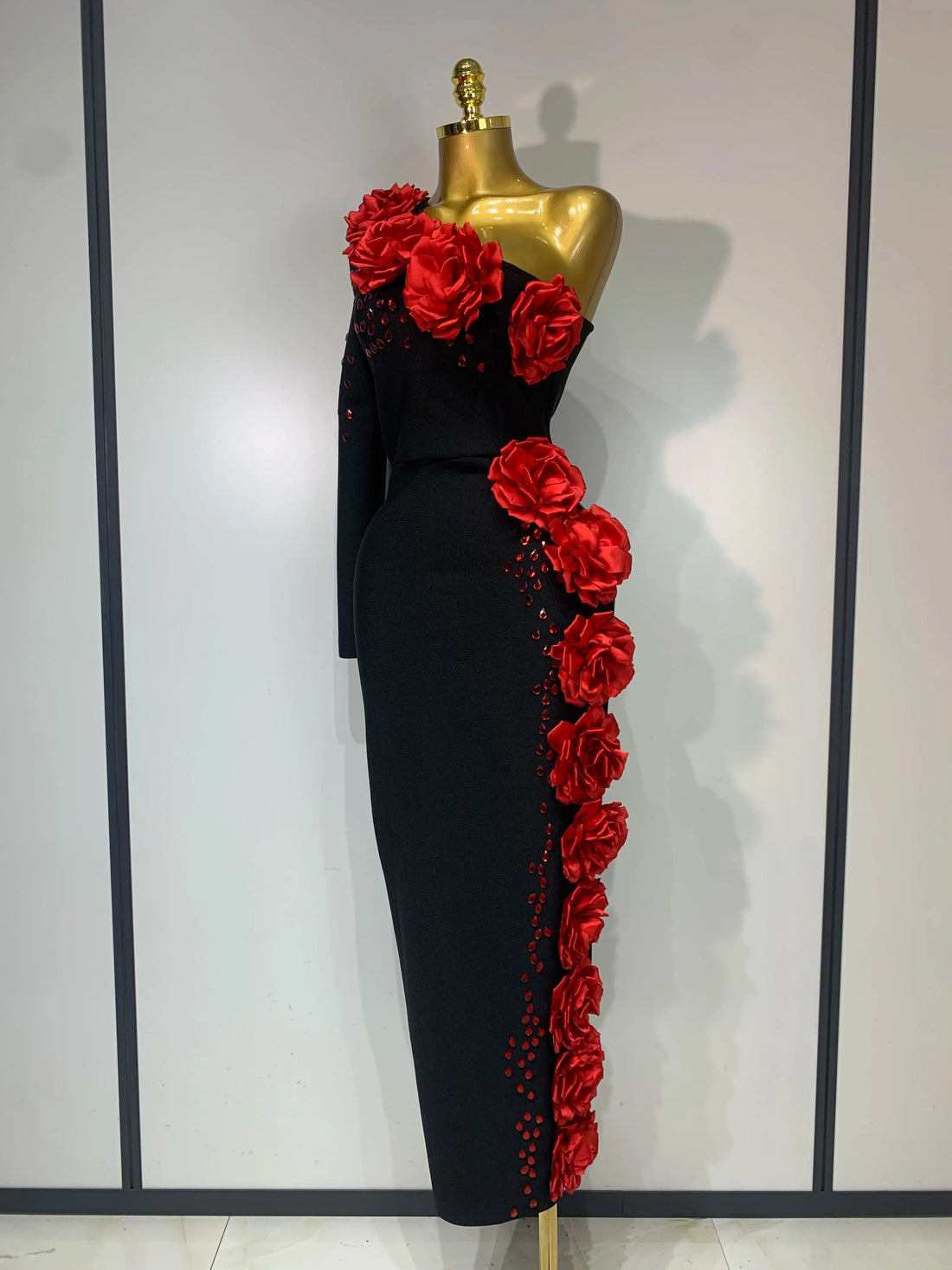 Women Luxury Black Single Sleeve Bandage Dress Red Appliquies Elegant Luxury Rhinestones Birthday Celebrity Evening Party Gowns black