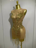 Luxury Sparkly Rhinestones Chain Sleeveless Mini Dress Women Sexy Performance Dance Nightclub Outfit Birthday Party Dress